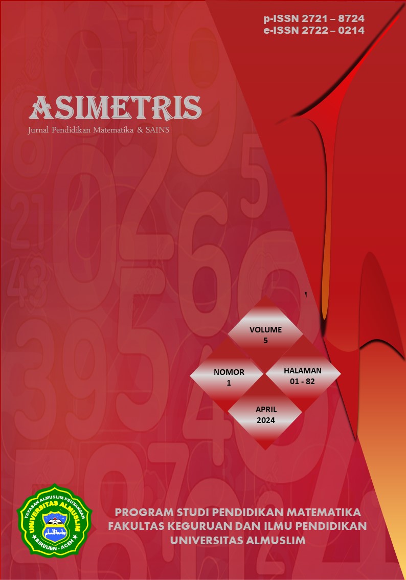 					View Vol. 5 No. 1 (2024): Asimetris: Jurnal Pendidikan Matematika dan Sains
				